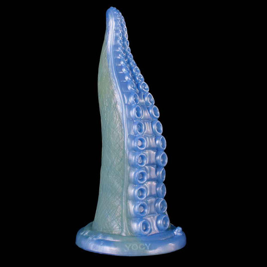 A blue silicone fantasy dildo with a unique tentacle shape, featuring multiple textured ridges and a suction cup base.